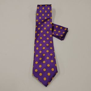MEN'S ST. PATRICK PURPLE/GOLD POLKA DOT TIE AND POCKET SQUARE SET.